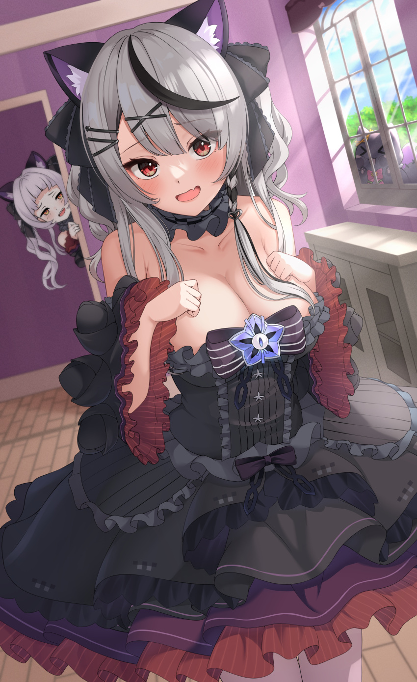 2girls absurdres animal_ears black_dress black_hair blush breasts cat_ears cleavage cosplay dress drill_hair grey_hair hair_ornament hairpin highres hololive indoors large_breasts looking_at_viewer medium_hair multicolored_hair multiple_girls murasaki_shion murasaki_shion_(cosplay) murasaki_shion_(gothic_lolita) oerba_yun_fang red_eyes sakamata_chloe shiokko_(murasaki_shion) skin_fang solo_focus streaked_hair twin_drills virtual_youtuber x_hair_ornament yoppy_paint