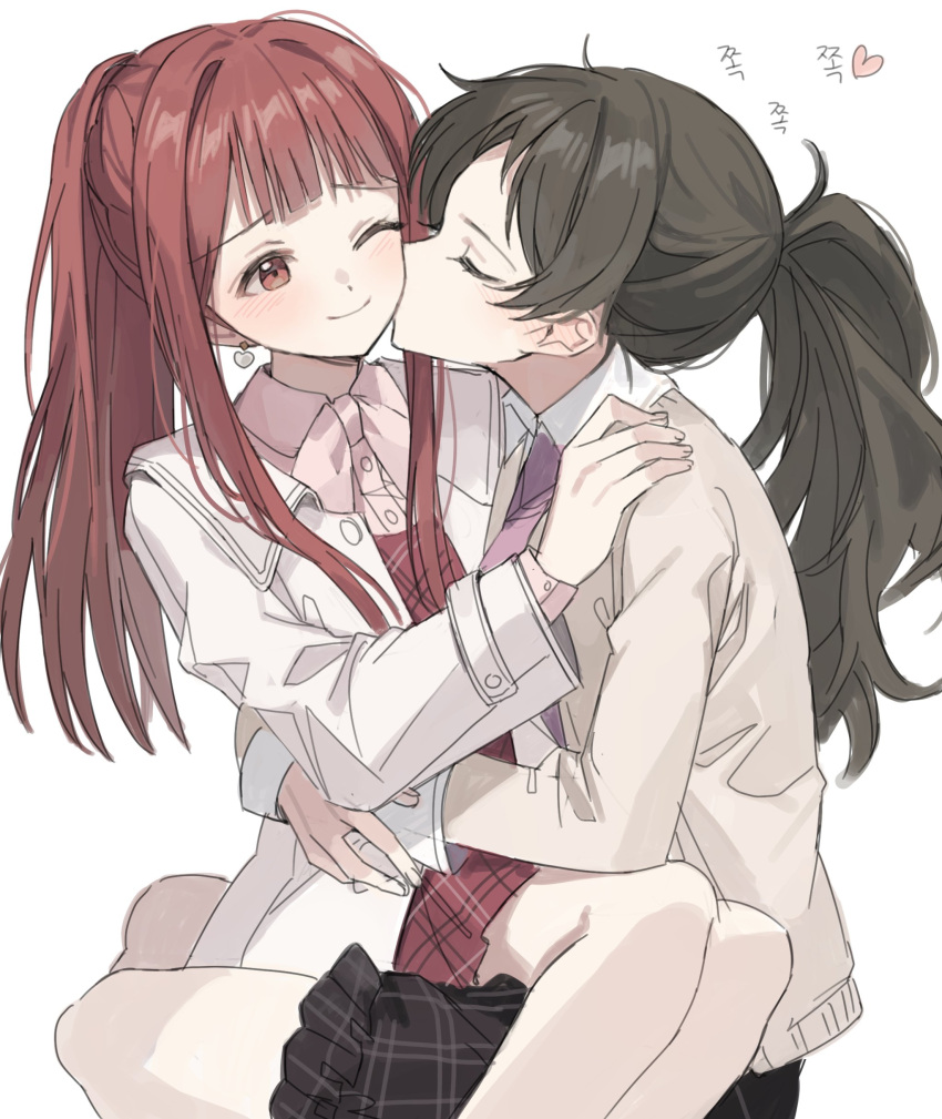 2girls ;) absurdres black_hair blush brown_hair closed_eyes coat commentary dress hano9789 highres hug idolmaster idolmaster_million_live! kissing kissing_cheek kitazawa_shiho korean_commentary long_hair looking_at_another multiple_girls one_eye_closed ponytail red_dress red_hair sidelocks simple_background sitting sitting_on_person smile sound_effects tanaka_kotoha very_long_hair white_background white_coat yuri