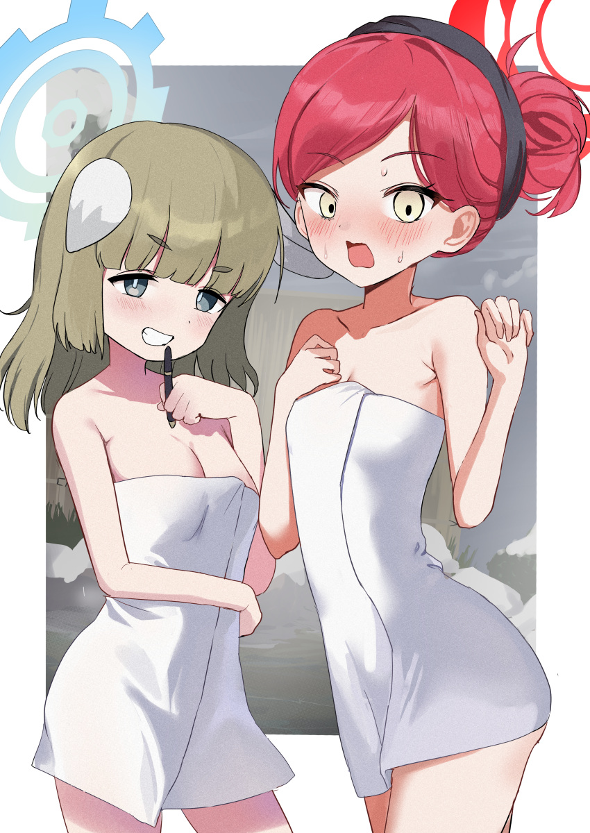 2girls absurdres apron ass blue_archive blue_halo blush breasts brown_hair cleavage collarbone cowboy_shot grey_eyes halo highres long_hair medium_breasts mochini multiple_girls open_mouth red_hair red_halo short_hair small_breasts takane_(blue_archive) white_apron yakumo_(blue_archive) yellow_eyes