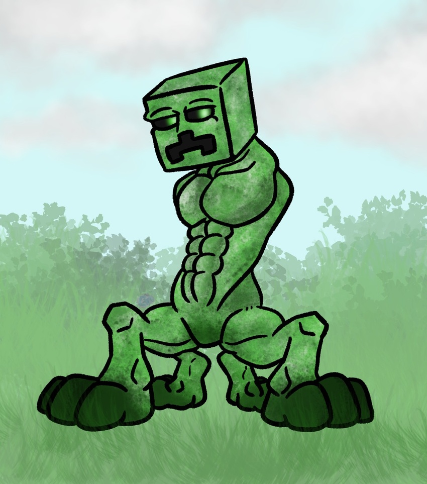 4_paws abs armless big_pecs clothed clothing cloud creeper_(minecraft) creeper_taur feet game_character gin98 glowing glowing_eyes grass green_body green_eyes green_skin green_toes hi_res huge_pecs male microsoft minecraft mojang muscular muscular_male nude pantsless paws pecs pinup plant pose quadruped sexy_eyes shrub sky solo square_(anatomy) taur toes xbox_game_studios