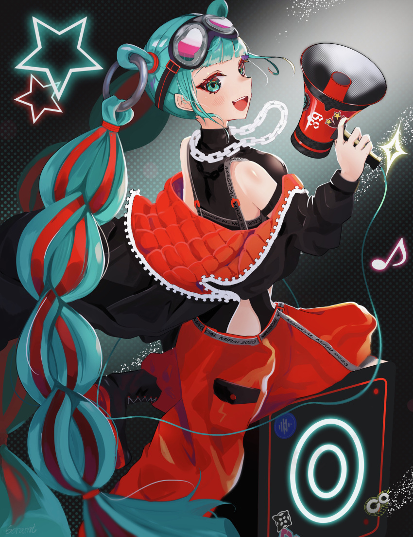 39 absurdres baggy_pants blue_eyes blue_hair blunt_bangs blush bodysuit chain_necklace chains detached_hair female goggles goggles_on_head hatsune_miku highres hip_vent holding holding_megaphone jewelry long_hair long_sleeves looking_at_viewer looking_back magical_mirai_(vocaloid) magical_mirai_miku magical_mirai_miku_(2023) megaphone necklace open_mouth pants ribbon_braid sleeveless sleeveless_bodysuit smile solo sorami speaker star_(symbol) twintails very_long_hair vocaloid