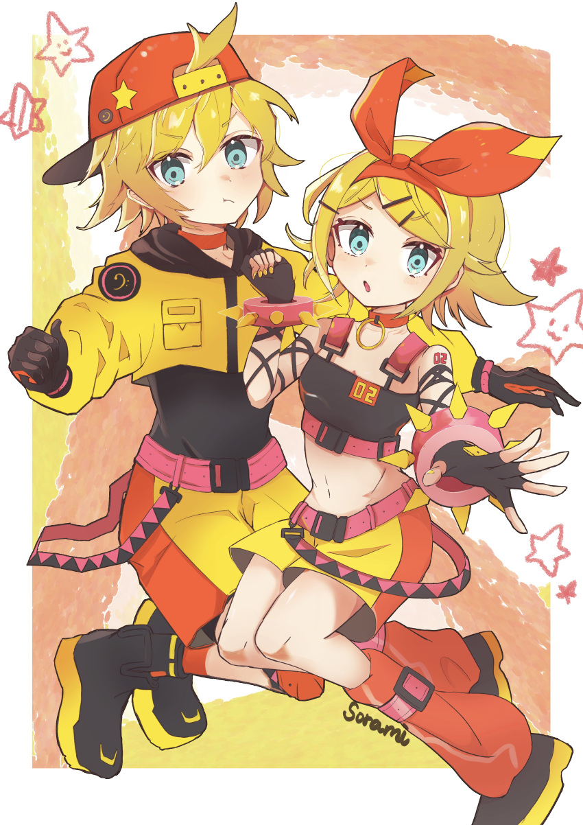 1boy :t absurdres arm_ribbon backwards_hat belt blonde_hair blue_eyes bodysuit bow bow_hairband bracelet choker crop_top cropped_jacket female fingerless_gloves flipped_hair gloves hairband hairbow hat highres jewelry kagamine_len kagamine_rin knee_pads leg_warmers long_sleeves looking_at_viewer magical_mirai_(vocaloid) magical_mirai_len magical_mirai_len_(2023) magical_mirai_rin magical_mirai_rin_(2023) midriff nail_polish open_mouth ribbon short_hair shorts socks sorami spiked_bracelet spikes star_(symbol) vocaloid