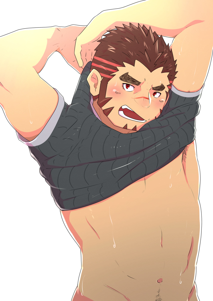 1boy absurdres akashi_(live_a_hero) alternate_muscle_size bara bottomless bulge clothes_lift dotsu_(wtnbkwiyd) facial_hair goatee highres hot lifting_own_clothes live_a_hero long_sideburns male_focus open_mouth pectorals red_eyes red_hair scar scar_on_face scar_on_nose shirt_lift short_hair sideburns solo sparse_navel_hair sweat thick_eyebrows toned toned_male underpec undressing upper_body