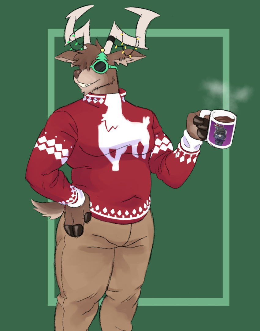 2_horns 3_fingers abstract_background absurd_res alnoodle anthro antlers belly beverage bottomwear brown_body brown_bottomwear brown_clothing brown_fur brown_nose brown_pants christmas christmas_lights clenched_teeth clothed clothing container cup deer digital_media_(artwork) dolph_(fortnite) epic_games eyewear fingers fortnite fully_clothed fur green_background hand_on_hip hi_res holding_container holding_cup holding_mug holding_object holidays horn inner_ear_fluff male mammal mug navel_outline new_world_deer pants portrait pseudo_hair pseudo_hair_over_eye red_clothing red_sweater red_topwear reindeer scut_tail short_tail simple_background slightly_chubby snout solo standing steam sunglasses sweater tail teeth three-quarter_portrait three-quarter_view topwear tuft