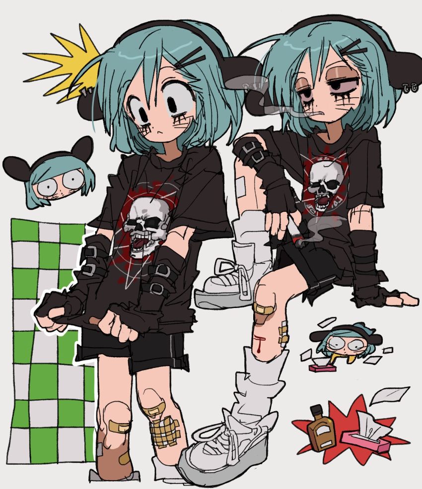 1boy arm_at_side baggy_clothes bandage_on_knee bandage_on_leg black_eyes black_shirt black_shorts blood bloodshot_eyes blue_hair bottle cigar closed_mouth clothes_grab collage constricted_pupils cropped_legs dot_nose ear_piercing eyelashes feet_out_of_frame gauze_on_knee gauze_on_leg grey_background hair_ornament hairclip half-closed_eyes head_tilt highres holding holding_cigar injury jwnn knee_up kneehighs looking_ahead looking_at_viewer looking_down marijuana medium_hair notice_lines nyon_(randal's_friends) oversized_clothes pentagram piercing randal's_friends runny_makeup shirt shoelaces short_shorts shorts simple_background sitting skull smoke smoking socks solo tissue tissue_box triangle_mouth whiskers white_footwear white_socks wide-eyed