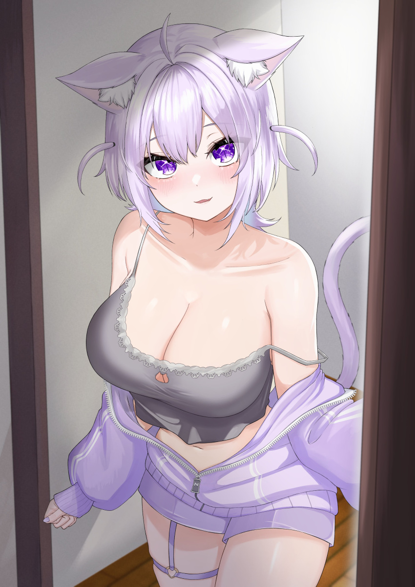 absurdres ahoge animal_ear_fluff animal_ears breasts camisole cat_ears cat_girl cat_tail cleavage doorway female grey_camisole highres hololive jacket large_breasts lazycoffee_(wyen_iscordo) medium_hair multicolored_clothes multicolored_jacket navel nekomata_okayu nekomata_okayu_(membership) official_alternate_costume partially_unzipped purple_eyes purple_hair purple_nails purple_shorts shorts strap_slip tail two_side_up virtual_youtuber