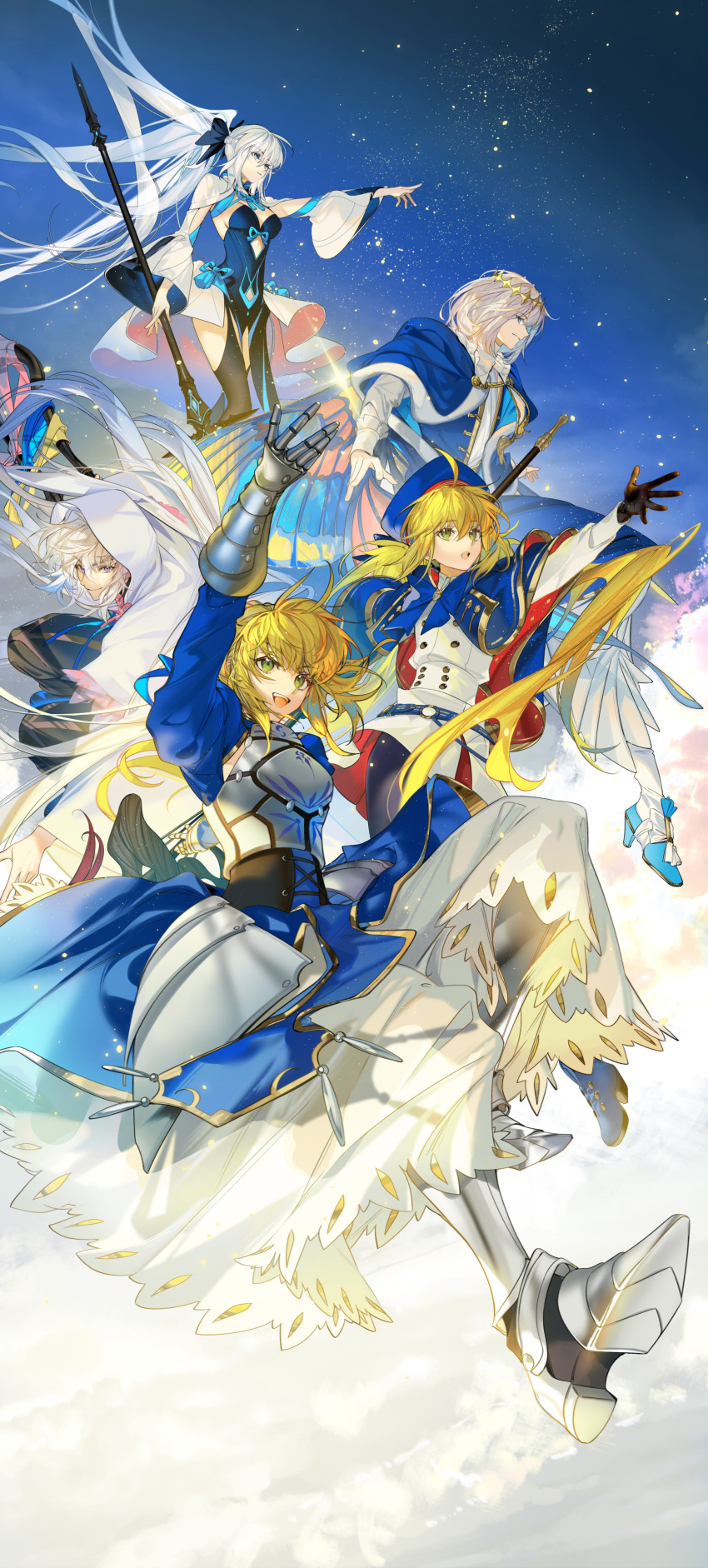 2boys 3girls absurdres ahoge arlizi armor armored_boots armored_dress artoria_caster_(fate) artoria_caster_(second_ascension)_(fate) artoria_pendragon_(fate) belt black_bow black_corset black_dress black_gloves black_pants black_pantyhose black_thighhighs blonde_hair blue_belt blue_bow blue_bowtie blue_brooch blue_cape blue_capelet blue_dress blue_eyes blue_footwear blue_headwear boots bow bowtie breastplate breasts brooch buttons cape capelet cleavage cloak closed_mouth cloud commentary corset crown dress expressionless fairy_wings fate/grand_order fate_(series) faulds fur-trimmed_cape fur_trim gauntlets gloves gold_trim green_eyes grey_hair hair_between_eyes hairbow hat hat_bow high_heels highres holding holding_polearm holding_staff holding_weapon hood hood_up insect_wings jewelry juliet_sleeves jumping light_particles long_hair long_sleeves looking_ahead looking_at_another looking_down merlin_(fate) morgan_le_fay_(fate) multiple_boys multiple_girls oberon_(fate) open_mouth outstretched_arm pants pantyhose pink_bow polearm ponytail puffy_sleeves purple_eyes reaching saber_(fate) shirt short_hair skirt sky sleeve_cuffs smile staff star_(sky) tassel teeth thighhighs twintails two-sided_capelet two-sided_fabric two-sided_sleeves upper_teeth_only weapon white_cloak white_shirt white_skirt white_sleeves wide_sleeves wings