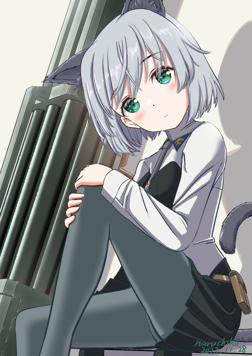 absurdres animal_ears artist_name blush breasts cat_ears cat_girl cat_tail commentary_request dated female green_eyes grey_background grey_hair highres light_smile looking_at_viewer military_uniform naruchisukisuki necktie pantyhose rocket_launcher sanya_v._litvyak shadow simple_background sitting small_breasts solo strike_witches tail uniform weapon world_witches_series