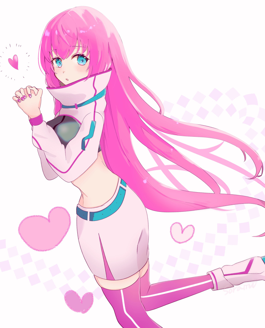 absurdres blue_eyes blush crop_top female heart high_collar highres long_hair long_sleeves looking_at_viewer magical_mirai_(vocaloid) magical_mirai_luka magical_mirai_luka_(2023) megurine_luka midriff nail_polish open_mouth own_hands_clasped own_hands_together pencil_skirt pink_hair shrug_(clothing) skirt solo sorami standing standing_on_one_leg thighhighs very_long_hair vocaloid