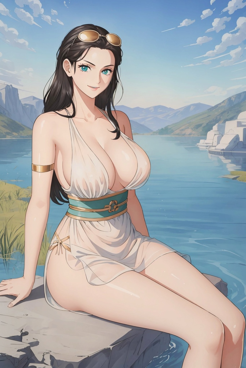 ai_generated big_breasts black_hair blue_eyes deinacht female female_only glasses greek_clothes long_hair nico_robin one_piece post-timeskip stable_diffusion thick_thighs