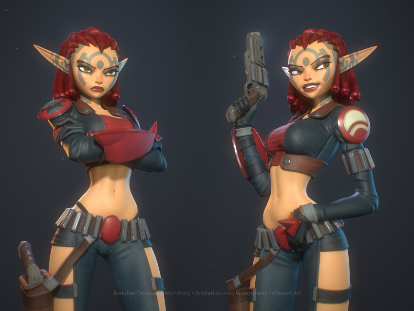 1girls 3d ashelin_praxis big_breasts busty cleavage crossed_arms curvy female female_only gloves green_eyes gun hi_res jak_and_daxter jeans large_breasts legs lipstick looking_at_viewer midriff navel pants pointy_ears pose posing red_hair red_lipstick sensual smile solo thighs thong thong_above_pants toned voluptuous weapon