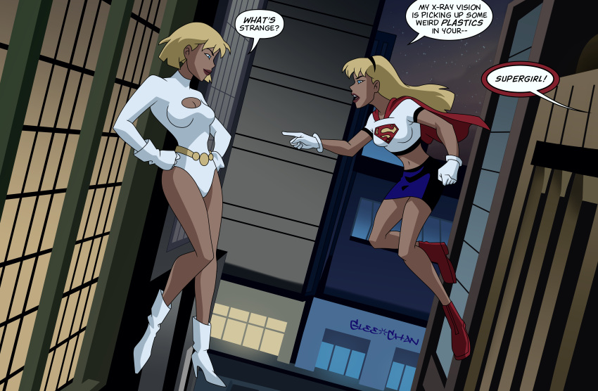 2girls accurate_art_style big_breasts blonde_hair breasts cleavage dc dc_comics dcau dialogue female female_only glee-chan justice_league_unlimited power_girl supergirl supergirl_(dcau) text