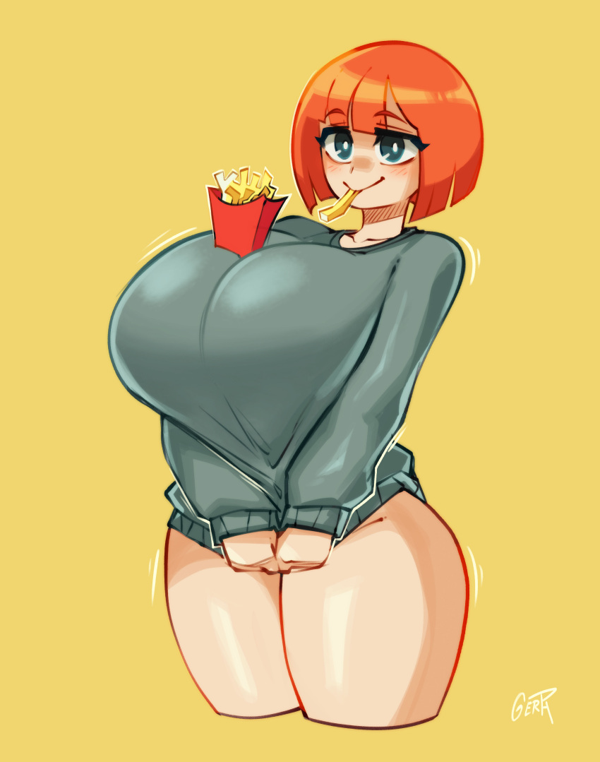 1girls alternate_breast_size big_breasts blush bottomless bottomless_sweater breasts_bigger_than_head female female_only french_fries gerph huge_breasts large_breasts mcdonald's milf mom_(japanese_mcdonald's_commercial) mother orange_hair short_hair solo sweater thick_thighs top_heavy wide_hips yoru_mac