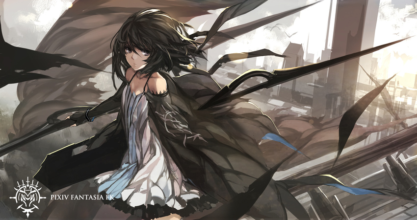 black_eyes black_gloves black_hair collarbone copyright_name dress female fingerless_gloves flat_chest gloves highres holding holding_weapon long_hair outdoors paradise_(swd3e2) pixiv_fantasia pixiv_fantasia_fallen_kings solo swd3e2 weapon white_dress