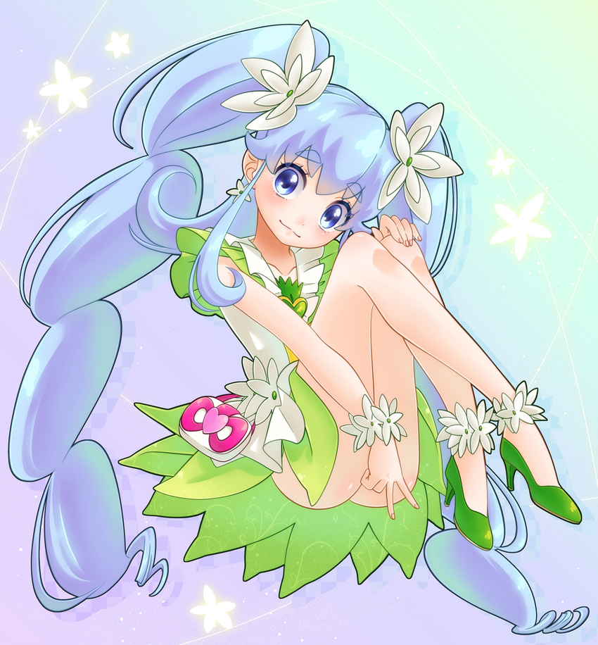 absurdres alternate_form blue_eyes blue_hair brooch commentary_request cure_princess cure_princess_(macadamia_hula_dance) female flower green_skirt hair_flower hair_ornament happinesscharge_precure! heart heart_brooch highres jewelry long_hair looking_at_viewer magical_girl precure shirayuki_hime skirt solo twintails v yupiteru