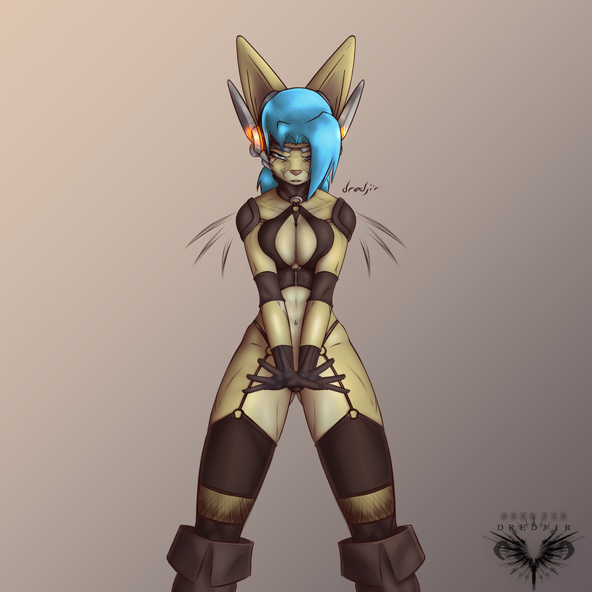 1:1 absurd_res anthro blue_hair boots breast_squish breasts clothing dredjir female fishnet_clothing footwear fur glistening gunbunny gunbunny_(jeremy_bernal) hair headgear hi_res lagomorph leather leather_clothing leggings legwear leporid lights mammal rabbit simple_background solo squish wide_hips yellow_body yellow_fur zipper