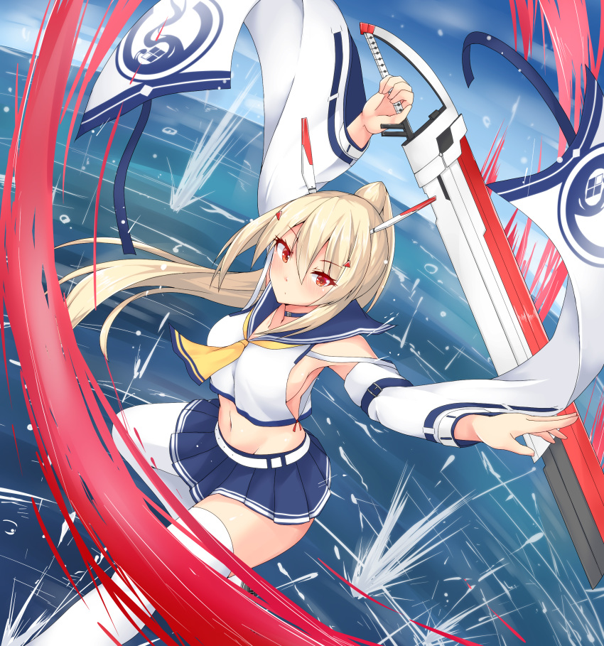 absurdres ayanami_(azur_lane) ayanami_(retrofit)_(azur_lane) azur_lane blonde_hair blue_necktie blue_sailor_collar blue_skirt breasts choker commentary_request detached_sleeves expressionless female hakuhou_(ende_der_welt) highres holding holding_sword holding_weapon large_breasts long_hair looking_at_viewer midriff navel necktie ponytail red_eyes sailor_collar shirt sideboob skirt solo sword thighhighs water weapon white_shirt white_thighhighs yellow_necktie zettai_ryouiki