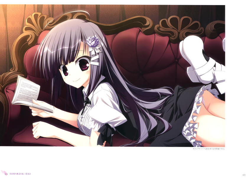 absurdres ass black_hair book couch female hair_ornament hairclip highres himawari_no_kyoukai_to_nagai_natsuyasumi hime_cut long_hair lying on_stomach panties pantyshot purple_eyes sagitsuki_ruka suzuri_(tennenseki) underwear white_panties