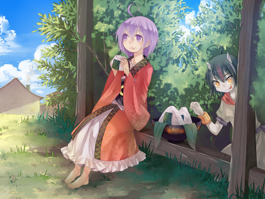 2girls ahoge barefoot black_hair bowl chinese_commentary commentary_request dress eating food food_on_face grey_horns horns japanese_clothes kijin_seija kimono ko_kita long_sleeves looking_up multicolored_hair multiple_girls nature no_headwear obi onigiri outdoors pale_skin puffy_sleeves purple_eyes purple_hair red_hair ribbon sash short_hair short_sleeves sitting smile sukuna_shinmyoumaru tongue tongue_out touhou tree wide_sleeves yellow_eyes