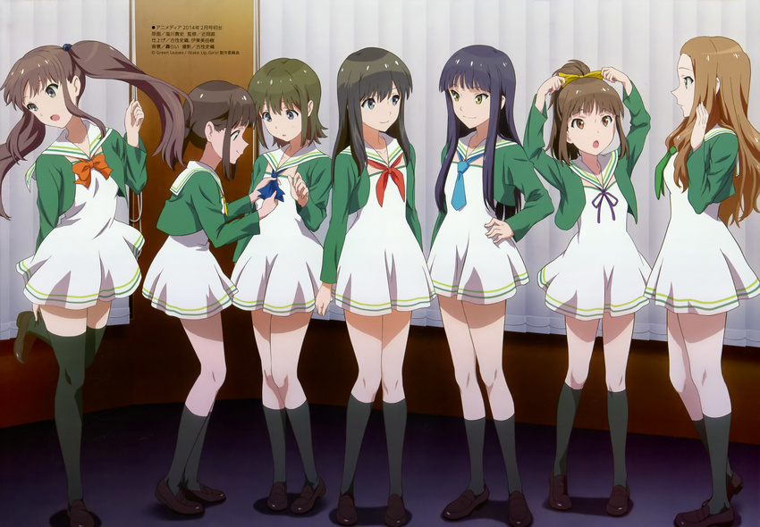 6+girls :o absurdres adjusting_bow adjusting_clothes adjusting_legwear blue_eyes blue_hair bow brown_eyes brown_hair dress dressing_another green_eyes green_hair hand_on_own_hip hayashida_airi highres hisami_nanami imageboard_desourced katayama_minami kikuma_kaya kneehighs legs loafers long_hair multiple_girls nanase_yoshino non-web_source official_art okamoto_miyu open_mouth sailor_dress school_uniform serafuku shimada_mayu shiokawa_takashi shoes short_hair smile socks thighhighs twintails wake_up_girls! zettai_ryouiki