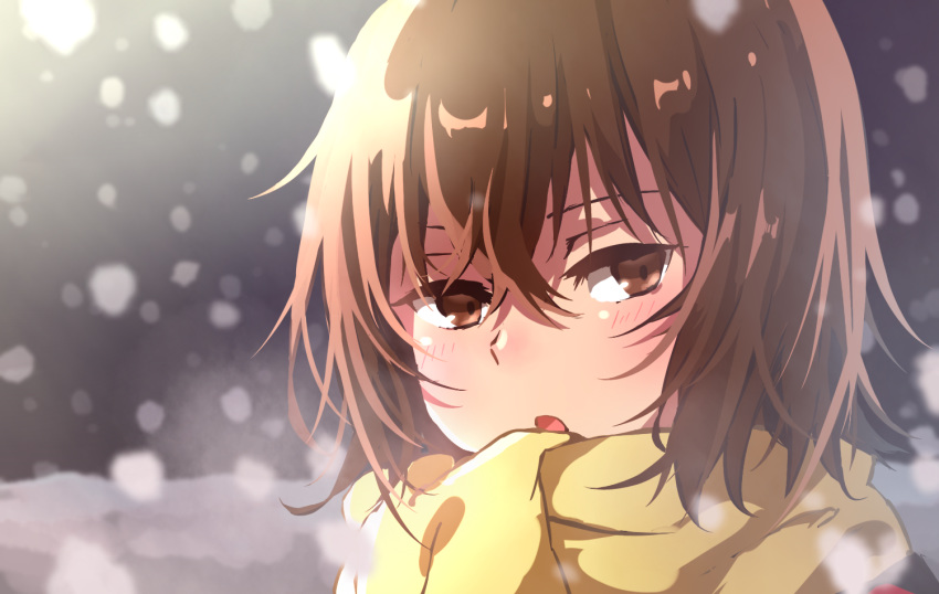 :o blush boku_dake_ga_inai_machi brown_eyes brown_hair commentary_request female hair_between_eyes hinazuki_kayo mirei_kh13 open_mouth scarf short_hair snow snowing solo upper_body yellow_scarf