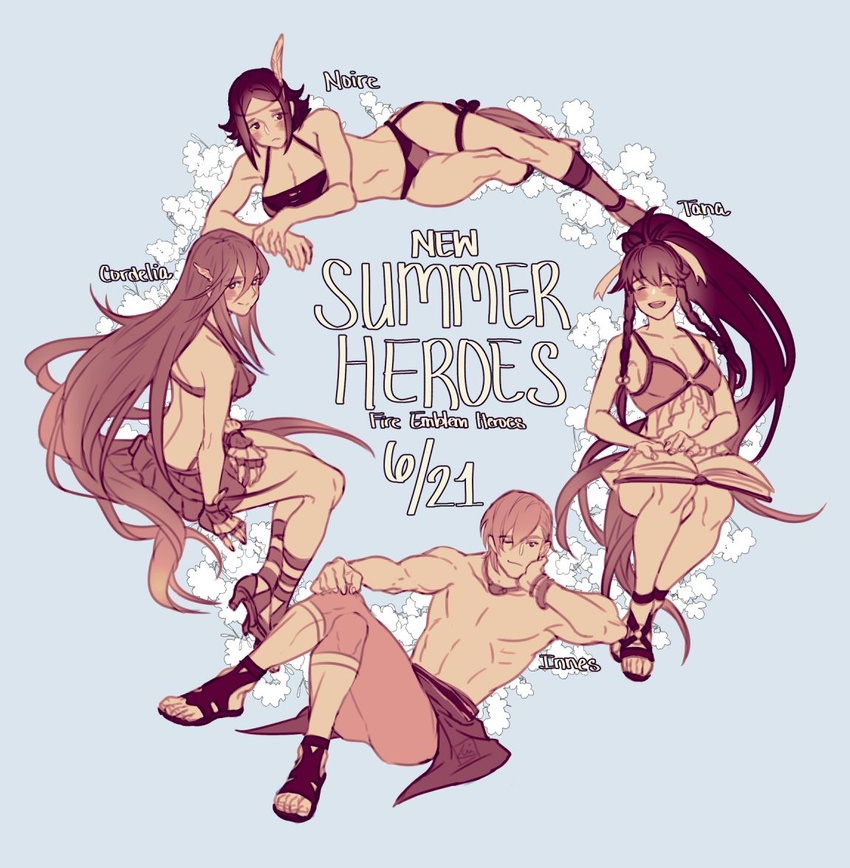 1boy 3girls ass bikini bikini_skirt black_hair blush braid breasts character_name circlet cleavage commentary copyright_name cordelia_(fire_emblem) cordelia_(summer)_(fire_emblem) dated english_text fire_emblem fire_emblem:_the_sacred_stones fire_emblem_awakening fire_emblem_heroes gloves high_heels innes_(fire_emblem) innes_(summer)_(fire_emblem) krazehkai long_hair looking_at_viewer monochrome multiple_girls noire_(fire_emblem) noire_(summer)_(fire_emblem) one-piece_swimsuit open_mouth ponytail red_hair sandals smile swimsuit symbol-only_commentary tana_(fire_emblem) tana_(summer)_(fire_emblem) topless_male twin_braids very_long_hair