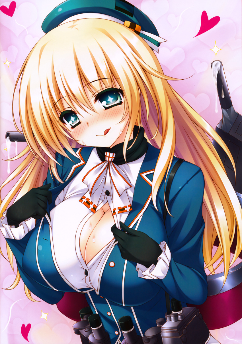 +_+ 2-g :q absurdres atago_(kancolle) blonde_hair blue_eyes blush breasts cleavage dripping female hat highres kantai_collection large_breasts long_hair open_clothes open_shirt shirt solo tongue tongue_out turret undressing