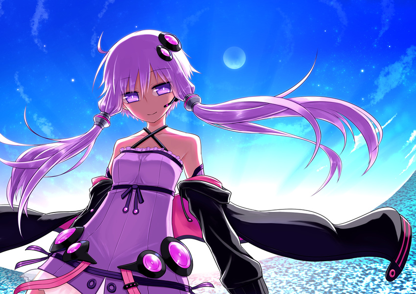 kurakumo_nue long_hair moon purple_eyes purple_hair sky stars twintails vocaloid yuzuki_yukari