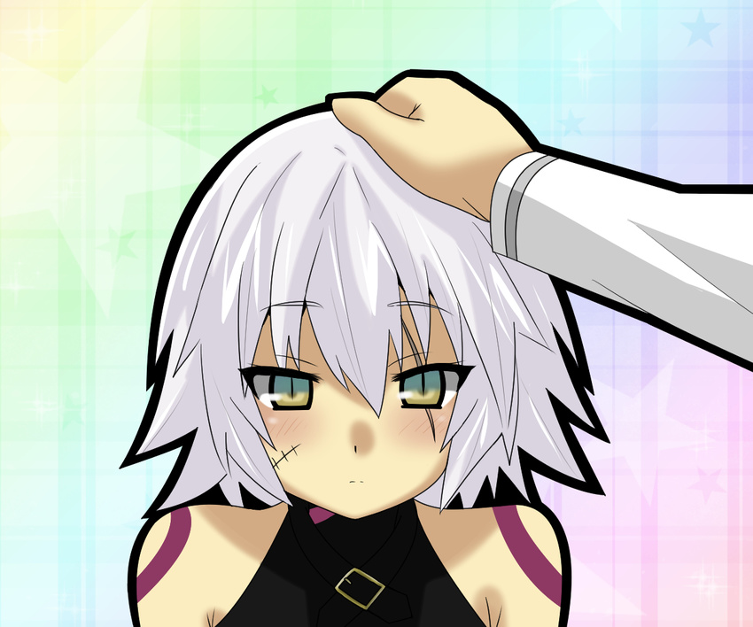 1boy bare_shoulders blush commentary_request fate/apocrypha fate/grand_order fate_(series) female fujimaru_ritsuka_(male) green_eyes hand_on_another's_head headpat jack_the_ripper_(fate/apocrypha) matsudora124 scar short_hair solo_focus white_hair