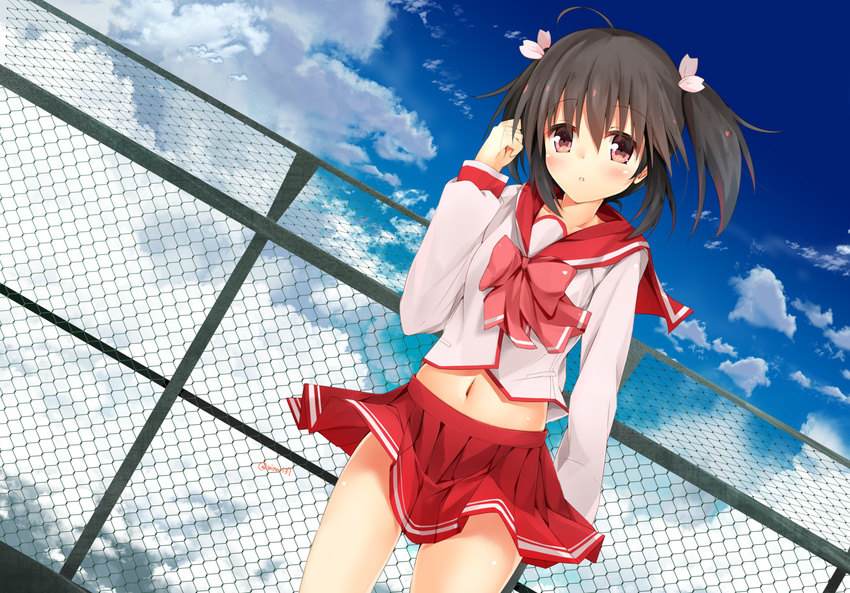 bad_id bad_pixiv_id brown_hair dutch_angle female fence minari_(minari37) navel outdoors school_uniform serafuku short_hair skirt solo to_heart_(series) to_heart_2 twintails yuzuhara_konomi