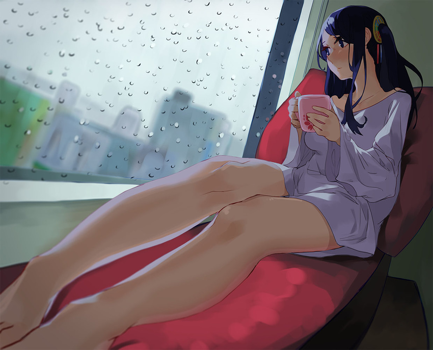 bare_legs barefoot beijuu blue_eyes blue_hair blurry collarbone commentary couch cup depth_of_field dress_shirt feet female foreshortening holding holding_cup indoors krt_girls legs long_hair looking_outside looking_to_the_side mug one_side_up perspective photoshop_(medium) rain shirt sitting solo steam water_drop window xiao_qiong