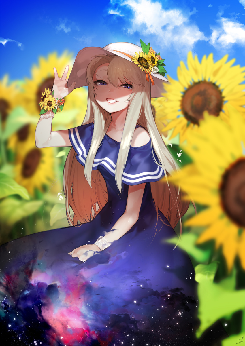 absurdres bad_id bad_pixiv_id bare_shoulders blonde_hair blue_eyes blue_sky cloud day dress female flower grin hat herme_(ohisashiburi) highres long_hair looking_at_viewer nebula ohisashiburi original outdoors sky smile solo space_print starry_sky_print sun_hat sunflower