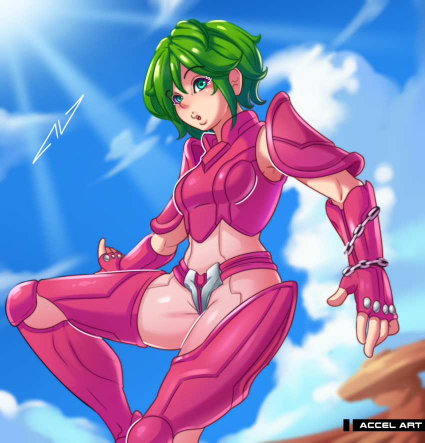 accel_art andromeda_shun armor armpits belt bodysuit breastplate breasts chains eyebrows_visible_through_hair female fingerless_gauntlets gauntlets green_eyes green_hair lips looking_at_viewer matching_hair/eyes medium_breasts outdoors parted_lips saint_seiya saint_seiya_(netflix) short_hair sky solo