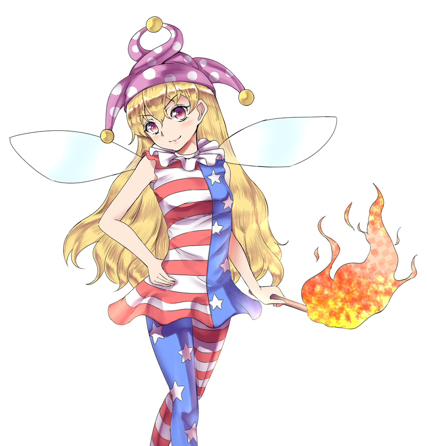 >:) american_flag_dress american_flag_legwear blonde_hair blush breasts clownpiece commentary dress fairy_wings female fire frilled_shirt_collar frills hat highres jester_cap long_hair neck_ruff orinpachu red_eyes sleeveless sleeveless_dress small_breasts smile solo striped_clothes striped_dress torch touhou v-shaped_eyebrows wavy_hair wings