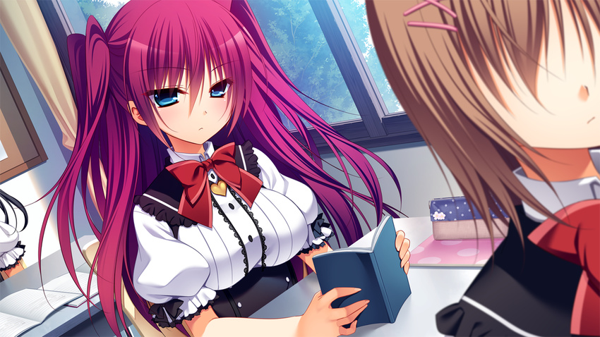 blue_eyes book bow front_wing game_cg innocent_girl long_hair nanaca_mai ousaka_kanae red_hair seifuku