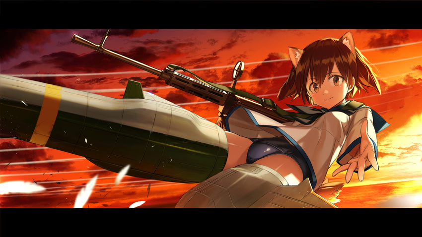 animal_ear_fluff animal_ears bad_id bad_pixiv_id barrel_shroud brown_eyes brown_hair cloud commentary_request dark_clouds dog_ears dog_girl dog_tail female flip-up_sight flying gradient_sky gun gun_sling highres holding holding_gun holding_weapon kirii letterboxed long_sleeves looking_at_viewer machine_gun miyafuji_yoshika outdoors purple_sky reaching reaching_towards_viewer red_sky school_swimsuit school_uniform serafuku short_hair sky solo strike_witches striker_unit swimsuit swimsuit_under_clothes tail twilight type_99_cannon weapon world_witches_series