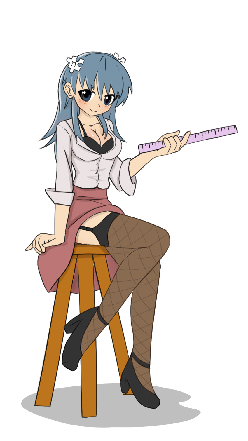 artist_upload blue_hair blush cleavage cleavage_window fishnet fishnet_legwear fishnet_stockings fishnets garter_belt garter_straps head_piece high_heels puzzle_piece ruler safe_for_work shirt simple_background sitting skirt skirt_up spagmushrooms stockings teacher teacher_outfit wikipe-tan wikipedia