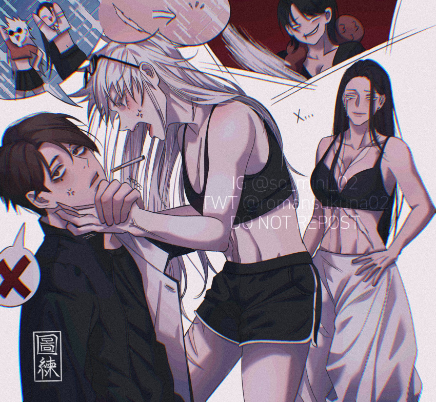 1boy angry black_bra bra cigarette face_grab female genderswap_(ftm) genderswap_(mtf) jujutsu_kaisen long_hair male multiple_girls rule_63 satoru_gojo scar shoko_ieiri suguru_geto toji_fushiguro white_hair