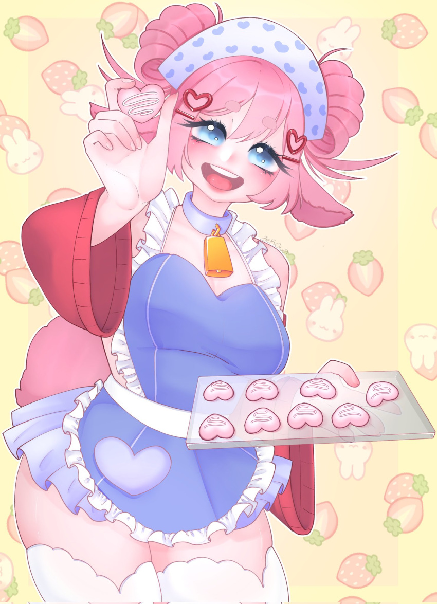 1girls apron background baking bare_shoulders big_thighs blue_eyes blush chef chef_outfit collar cookies cow_bell curvy_figure ewe female female_focus fluffy_ears food hands holding_tray ichigo_hibiki lamb light-skinned_female light_skin looking_at_viewer maid_headdress maid_outfit mommy mother nails outfit pale_skin pink_fur pink_hair pink_tail sheep smile solo standing strawberries tail thick thick_thighs thighs tray virtual_youtuber vtuber waist_apron wholesome