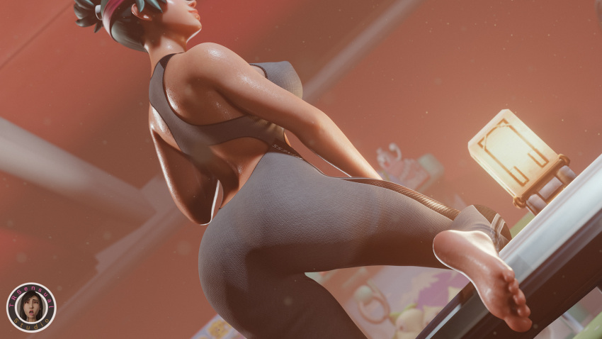 1girls 3d athletic athletic_wear big_ass big_breasts big_butt big_nipples brown_eyes green_hair image image_set kiriko_(overwatch) leg_on_table overwatch ponytail sportswear trsensualstudio watermark