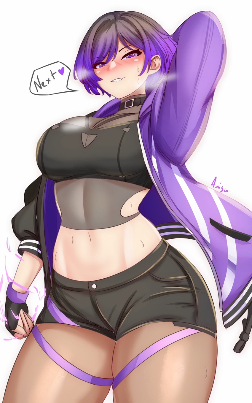 1girls anisdrawn armpits arms_up big_ass big_breasts black_and_purple_hair blush female female_only fully_clothed jacket low-angle_view namco reina_mishima solo sweat sweatdrop talking_to_viewer tekken tekken_8 thick_thighs