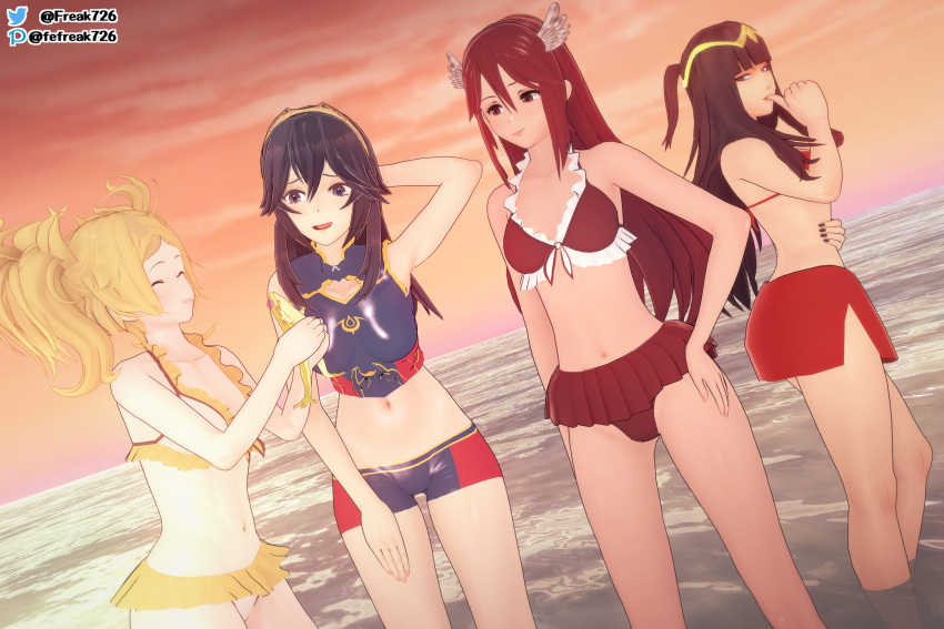 3d 4girls alternate_costume bangs bare_legs bare_midriff bare_thighs beach bikini biting_thumb black_eyes black_hair black_nails blonde_hair blue_bikini blue_eyes blue_hair blue_swimsuit breasts closed_eyes cordelia_(fire_emblem) fefreak726 female female_only fire_emblem fire_emblem_awakening fire_emblem_cipher frog hair_between_eyes hair_ornament holding legs lissa_(fire_emblem) long_hair lucina_(fire_emblem) medium_breasts medium_hair midriff multiple_girls nail_polish navel nintendo ocean official_alternate_costume open_mouth outdoors red_bikini red_eyes red_hair red_swimsuit small_breasts sunset swimsuit symbol-shaped_pupils tharja_(fire_emblem) thighs tiara twintails very_long_hair white_bikini white_swimsuit yellow_bikini yellow_swimsuit