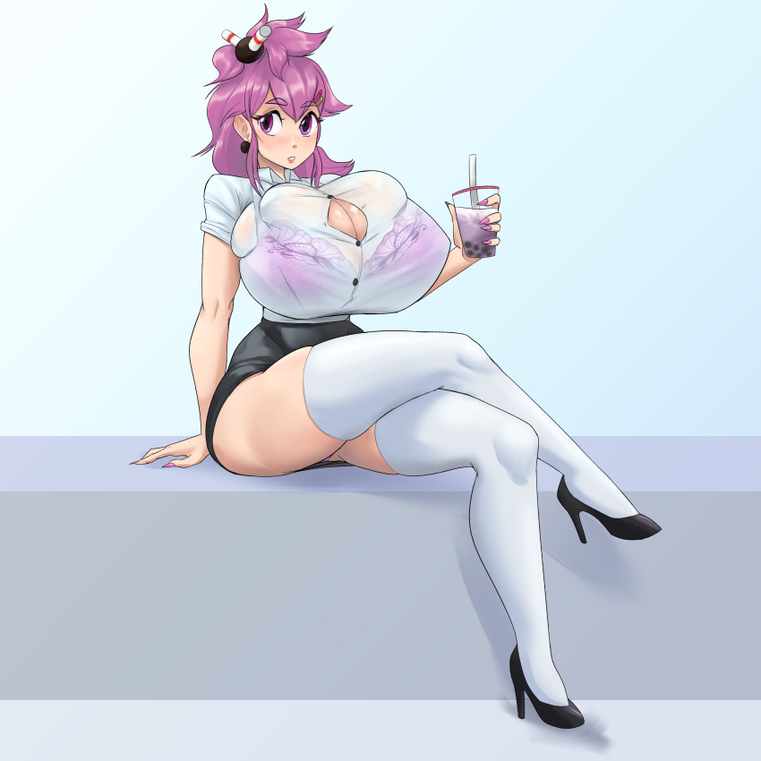 1girls big_breasts boba_tea breasts_bigger_than_head bursting_breasts clueless holding_drink huge_breasts hyper hyper_breasts nightpickle pink_hair see-through see-through_clothing see-through_top solo_female tight_clothing