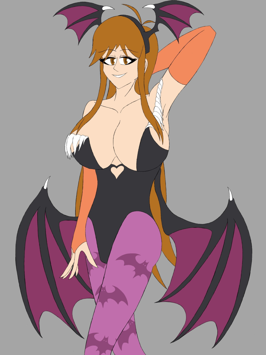 animal_print arm_up bat_print bat_wings boob_window breasts bridal_gauntlets brown_eyes brown_hair clothing clothing_cutout cosplay cropped_legs darkstalkers demon_girl eyes_half_open female halloween_costume head_wings heart_cutout huge_breasts large_breasts leanne_greenleaf leotard long_hair morrigan_aensland morrigan_aensland_(cosplay) pantyhose print_legwear purple_pantyhose simple_background smile spark_knight vampire_(game) wings