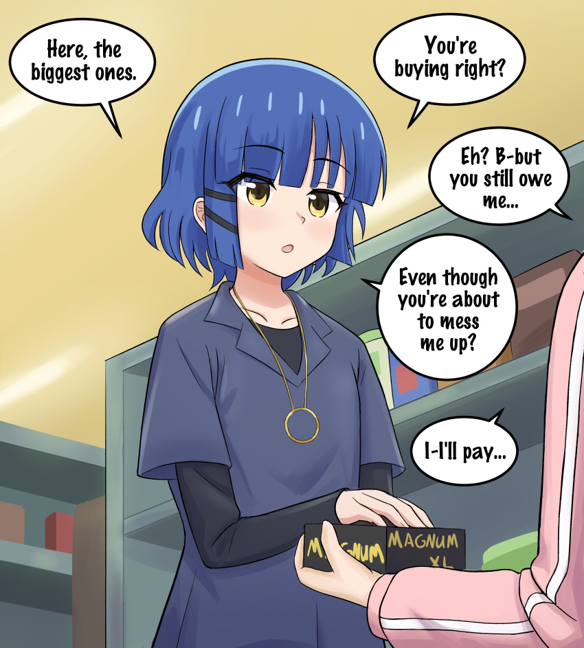 1futa 1girls ambiguous_gender background_character blue_hair blue_shirt bocchi_the_rock! buying_condoms clothing condom condom_box dark_blue_hair faceless faceless_character faceless_futanari gotou_hitori kurofuro light-skinned_female light-skinned_futanari light_skin long_sleeves navy_blue_hair navy_blue_shirt necklace neckwear out_of_frame pink_clothing shelf shopping short_over_long_sleeves short_sleeves text xxl_condom yamada_ryou