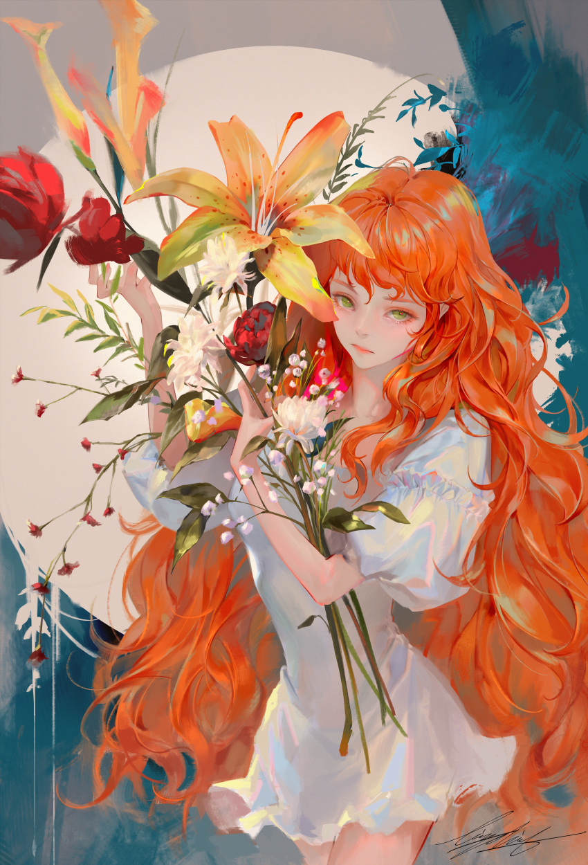 absurdres dress female flower green_eyes highres holding holding_flower lizchief long_hair looking_at_viewer orchid original red_hair signature skirt solo very_long_hair white_dress