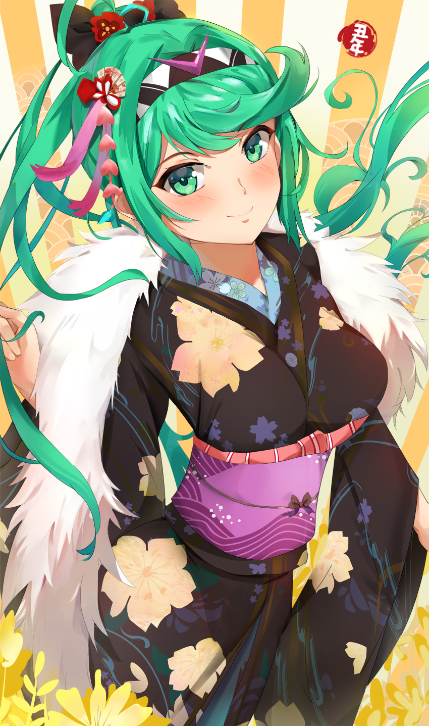 absurdres blush breasts female green_eyes green_hair highres japanese_clothes kiiro_kimi kimono large_breasts new_year pneuma_(xenoblade) ponytail solo spoilers xenoblade_chronicles_(series) xenoblade_chronicles_2