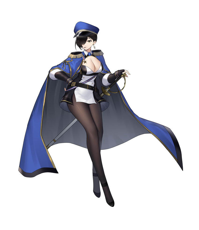 absurdres belt black_hair blue_cape breasts brown_eyes cape chinese_commentary cigarette cleavage commentary dress epaulettes female fingerless_gloves full_body gloves hair_ornament hair_over_one_eye hand_on_own_hip hat highres large_breasts long_sleeves medal mouth_hold original pantyhose peaked_cap shidiancijianongpao shiny_clothes short_dress short_hair smile smoking solo sword thighs uniform weapon white_background