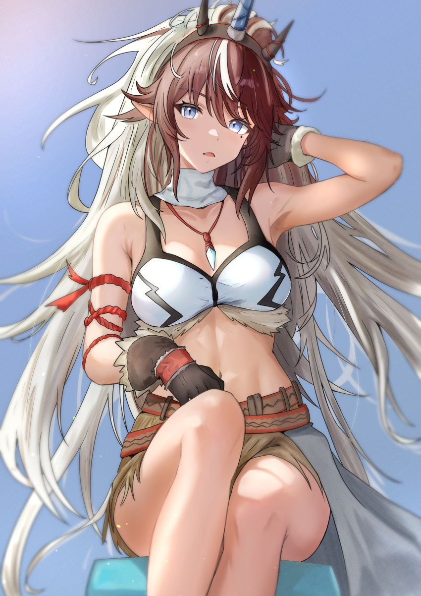 absurdres arknights arm_behind_head armpits bare_shoulders black_gloves blue_eyes breasts brown_hair commentary_request crop_top fake_horns female gloves hair_between_eyes highres horns jewelry kirin_(armor) kirin_r_yato_(arknights) large_breasts linea_alba long_hair looking_at_viewer mole mole_under_eye monster_hunter_(series) navel necklace open_mouth pointy_ears sitting solo sora_mame_(princess_0sora) yato_(arknights)