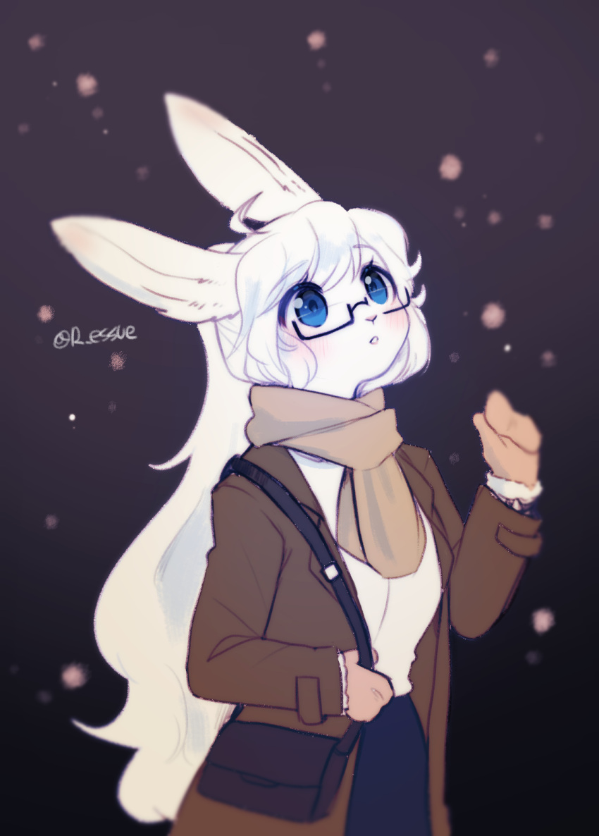 anthro barely_visible_breasts black_background blush breasts clothed clothing eyewear female female_anthro fully_clothed fur glasses gloves gradient_background hair handwear hi_res kemono lagomorph leporid long_hair looking_up mammal purse rabbit ressue scarf simple_background snow snowing solo standing white_body white_fur white_hair